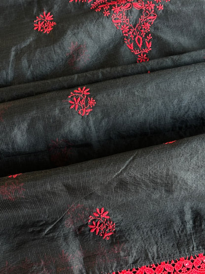 Black Shade Kota Chikankari Unstitched Suit Fabric