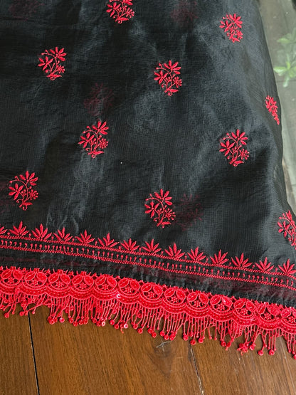 Black Shade Kota Chikankari Unstitched Suit Fabric