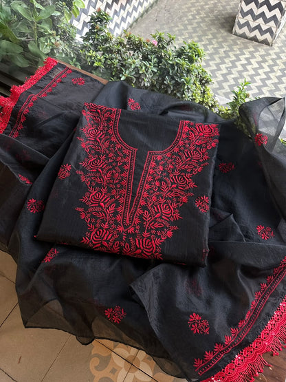 Black Shade Kota Chikankari Unstitched Suit Fabric