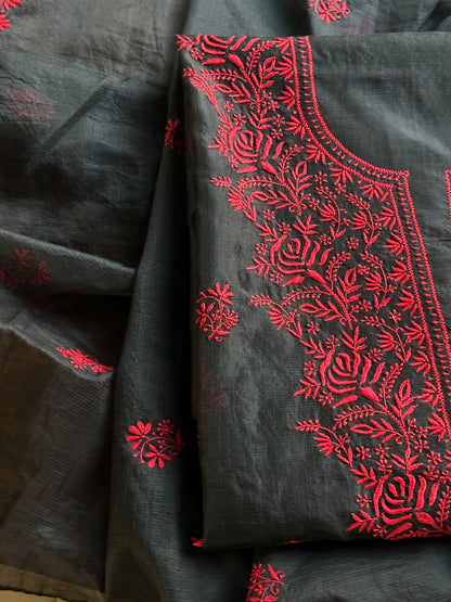 Black Shade Kota Chikankari Unstitched Suit Fabric