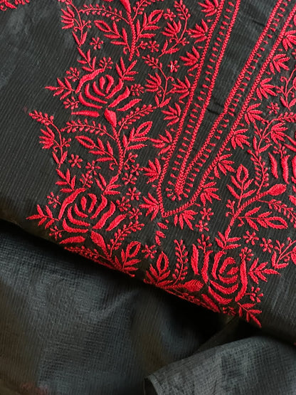 Black Shade Kota Chikankari Unstitched Suit Fabric