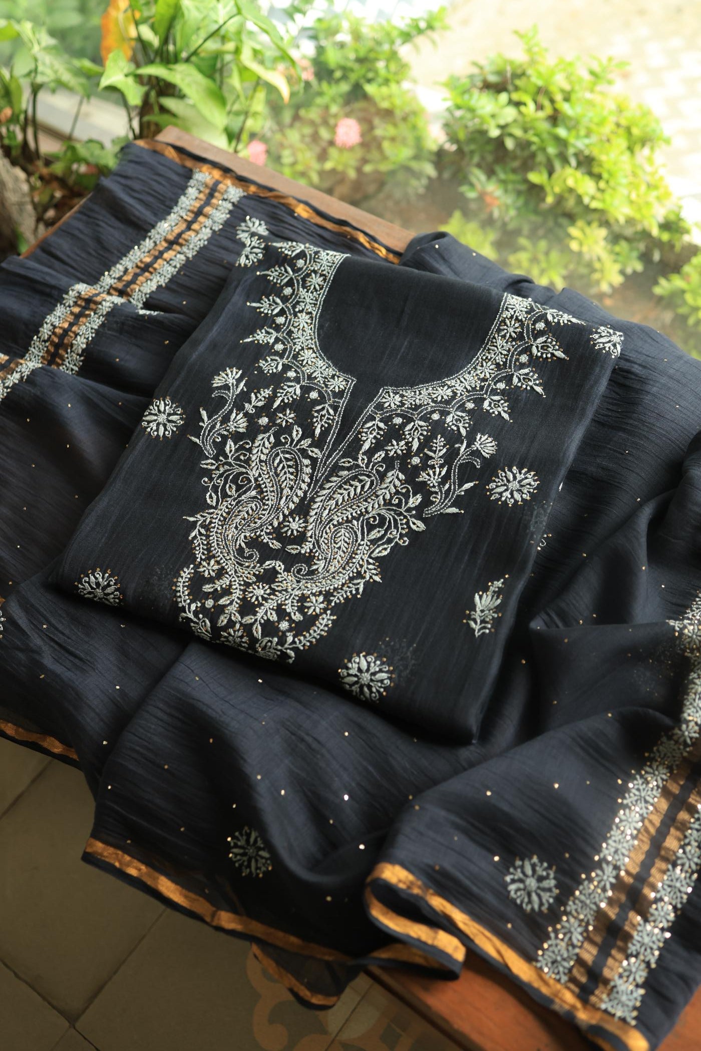 Black Shade Mal Cotton Chikankari Unstitched Fabric