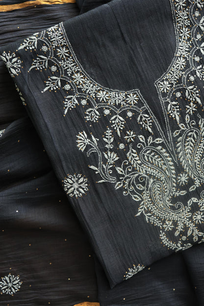 Black Shade Mal Cotton Chikankari Unstitched Fabric