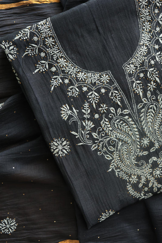 Black Shade Mal Cotton Chikankari Unstitched Fabric