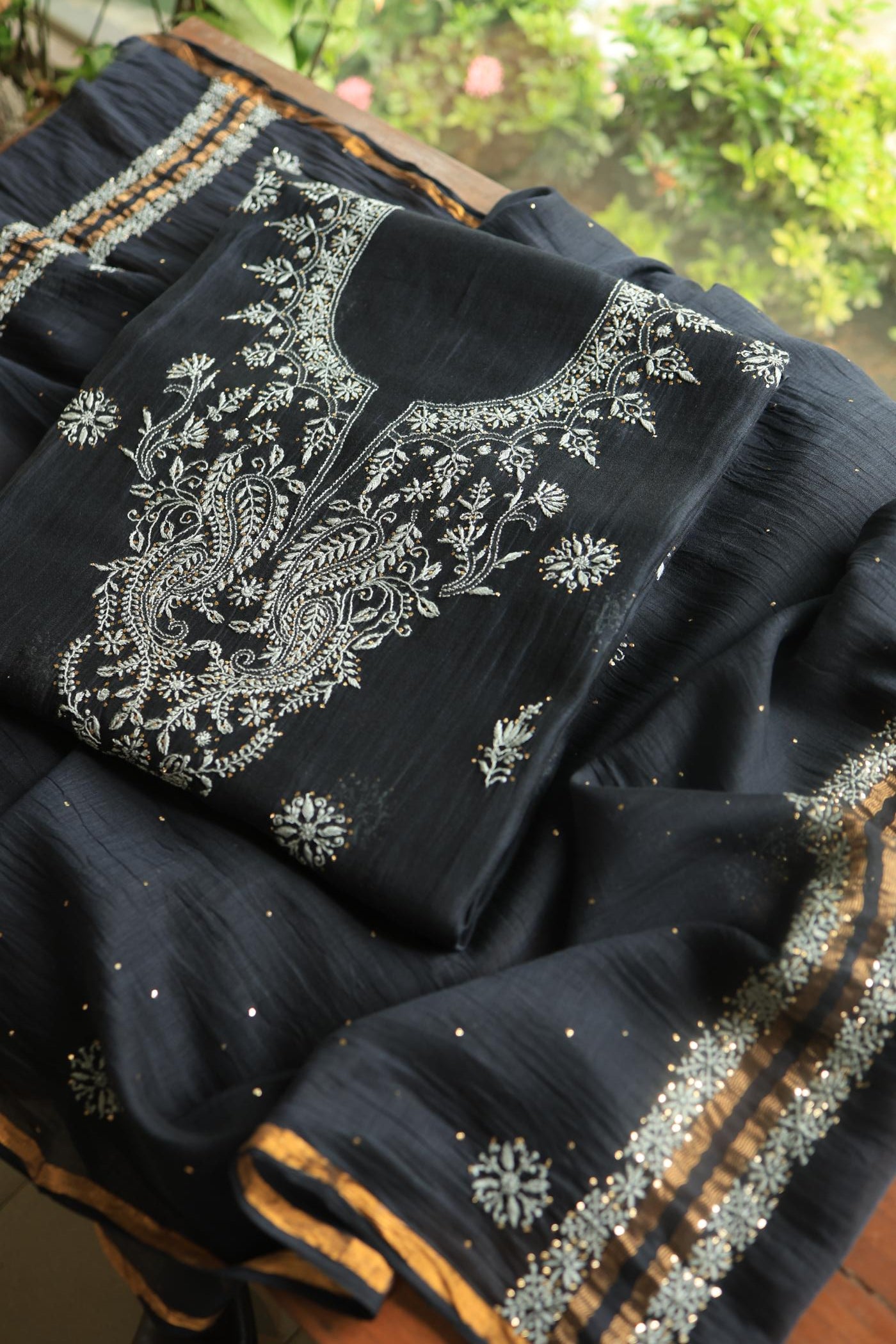 Black Shade Mal Cotton Chikankari Unstitched Fabric