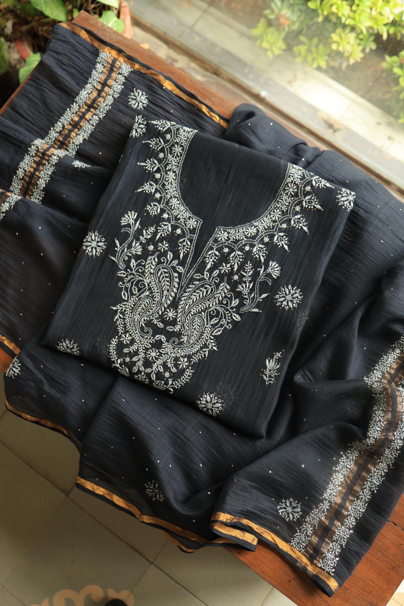 Black Shade Mal Cotton Chikankari Unstitched Fabric