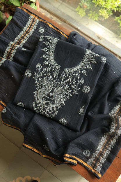 Black Shade Mal Cotton Chikankari Unstitched Fabric
