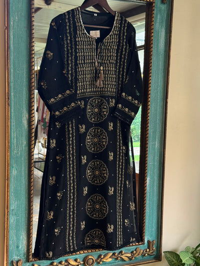 Black Shade Malmal Pearl White Chikankari Ready to Wear Kurta Set