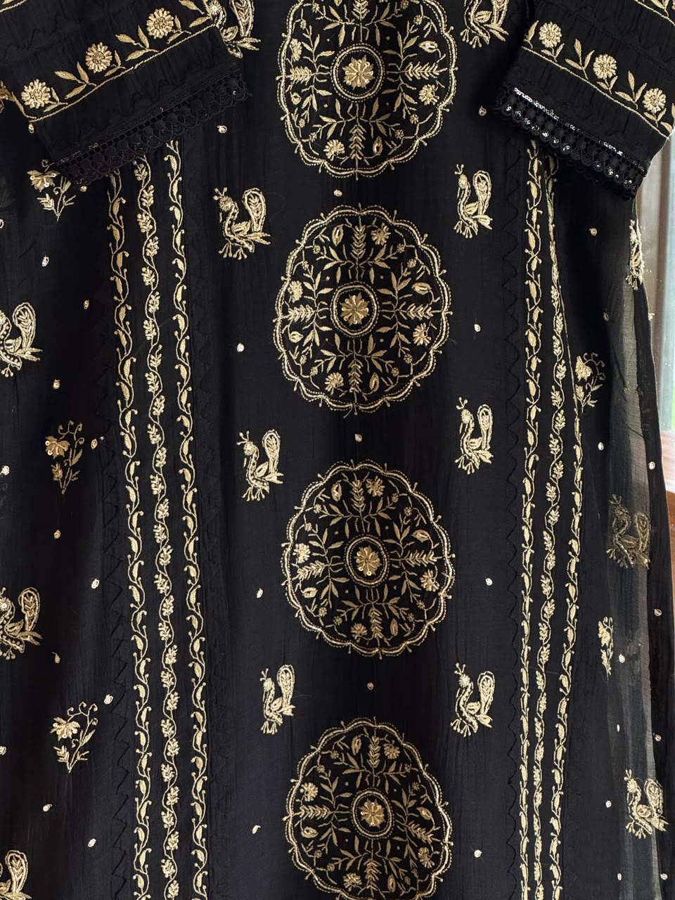 Black Shade Malmal Pearl White Chikankari Ready to Wear Kurta Set
