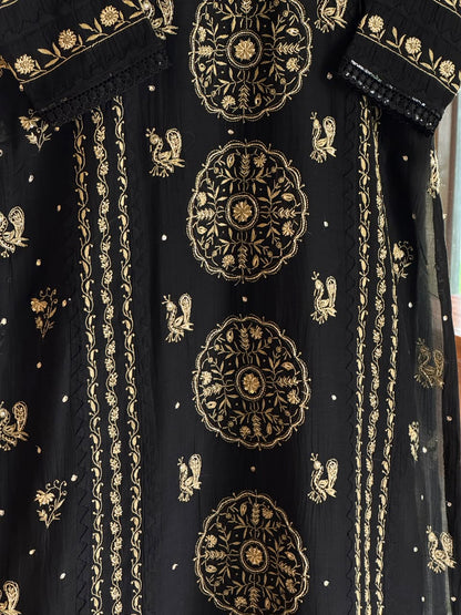 Black Shade Malmal Pearl White Chikankari Ready to Wear Kurta Set