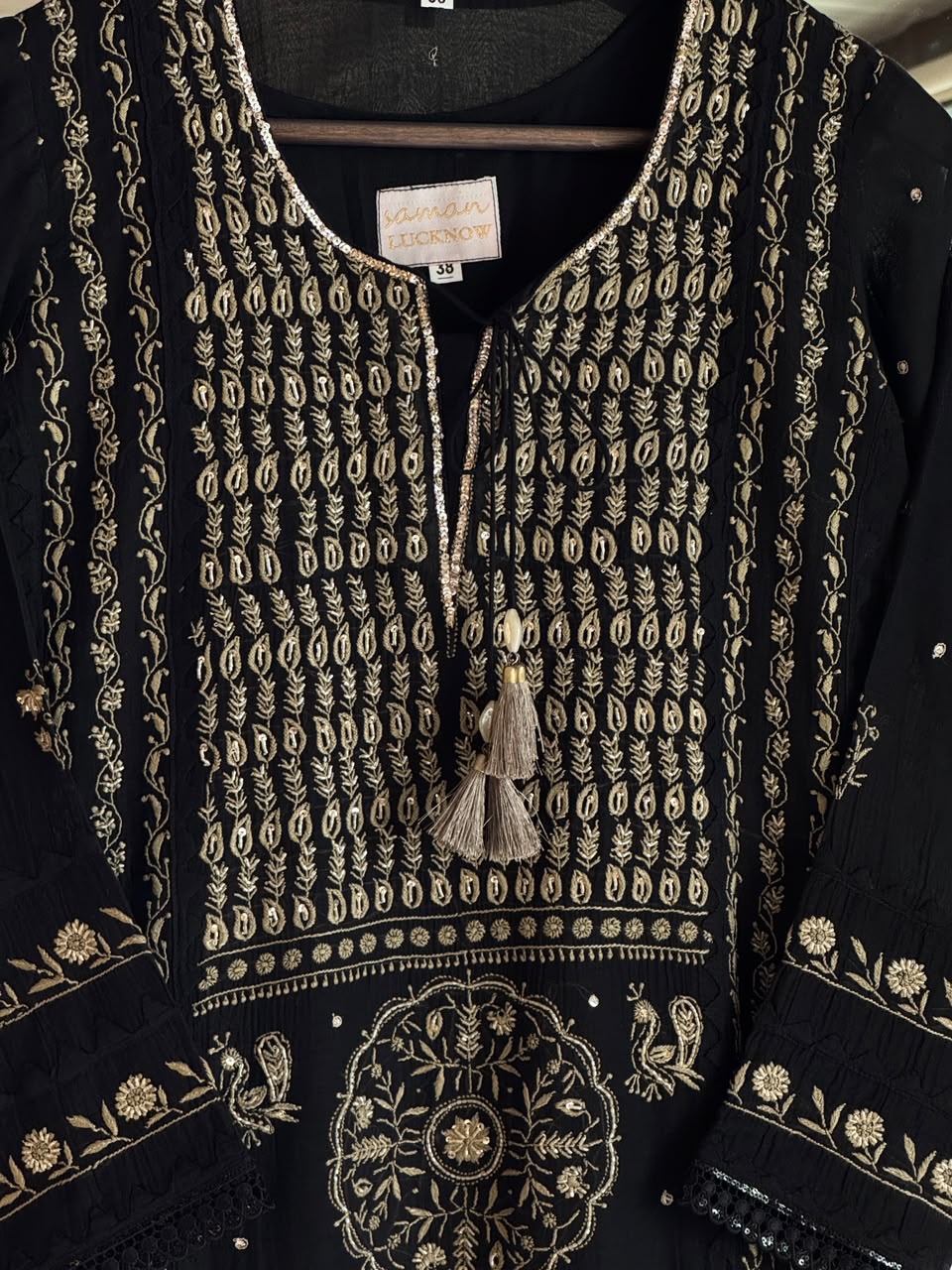 Black Shade Malmal Pearl White Chikankari Ready to Wear Kurta Set