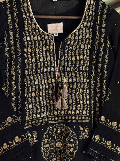 Black Shade Malmal Pearl White Chikankari Ready to Wear Kurta Set
