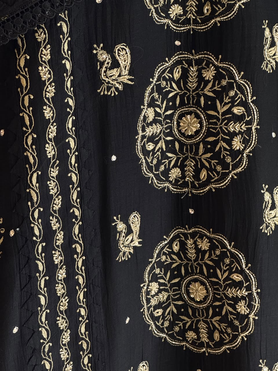 Black Shade Malmal Pearl White Chikankari Ready to Wear Kurta Set