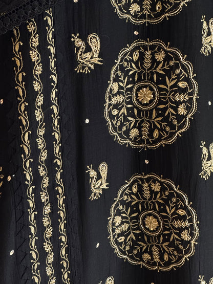 Black Shade Malmal Pearl White Chikankari Ready to Wear Kurta Set