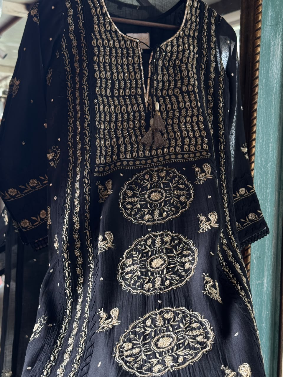Black Shade Malmal Pearl White Chikankari Ready to Wear Kurta Set