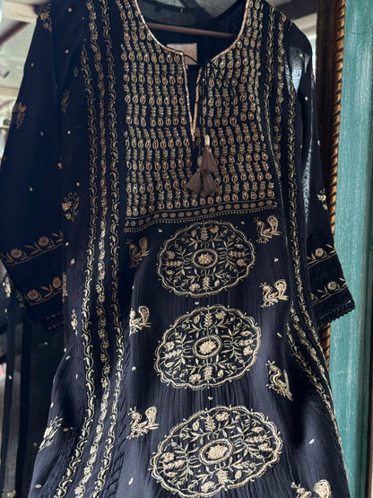 Black Shade Malmal Pearl White Chikankari Ready to Wear Kurta Set