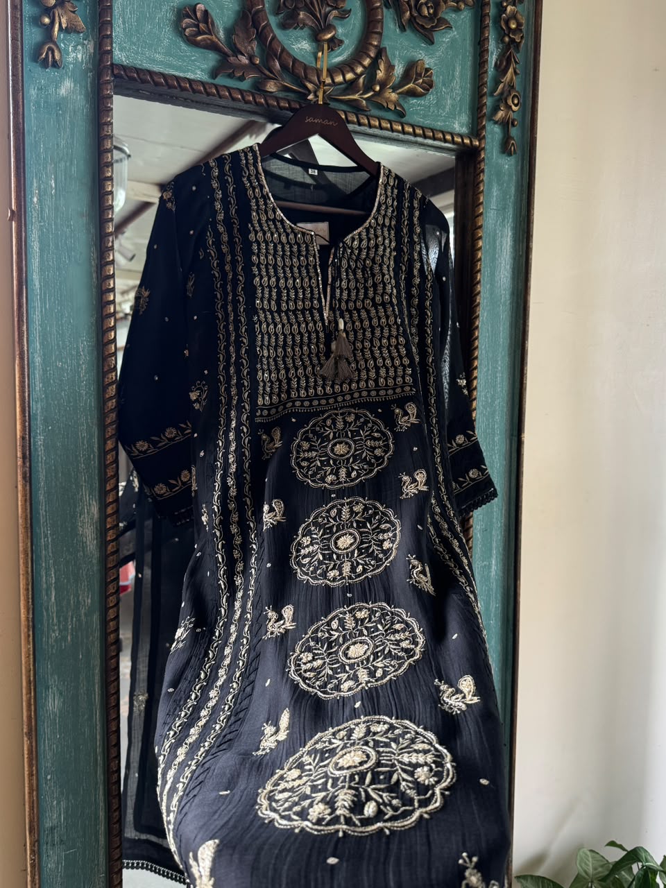Black Shade Malmal Pearl White Chikankari Ready to Wear Kurta Set
