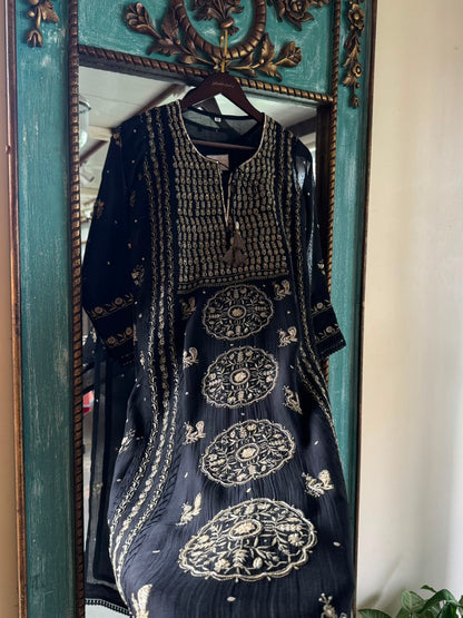 Black Shade Malmal Pearl White Chikankari Ready to Wear Kurta Set