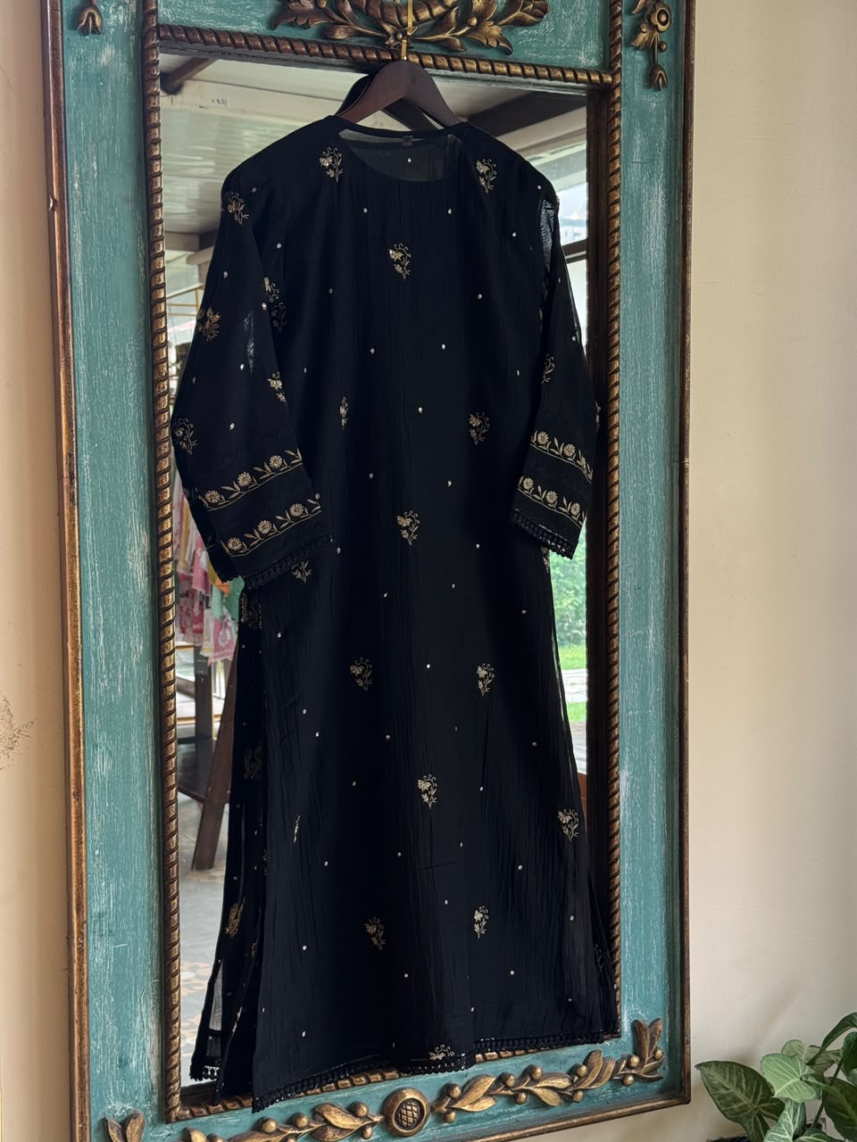 Black Shade Malmal Pearl White Chikankari Ready to Wear Kurta Set