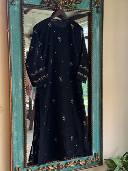 Black Shade Malmal Pearl White Chikankari Ready to Wear Kurta Set