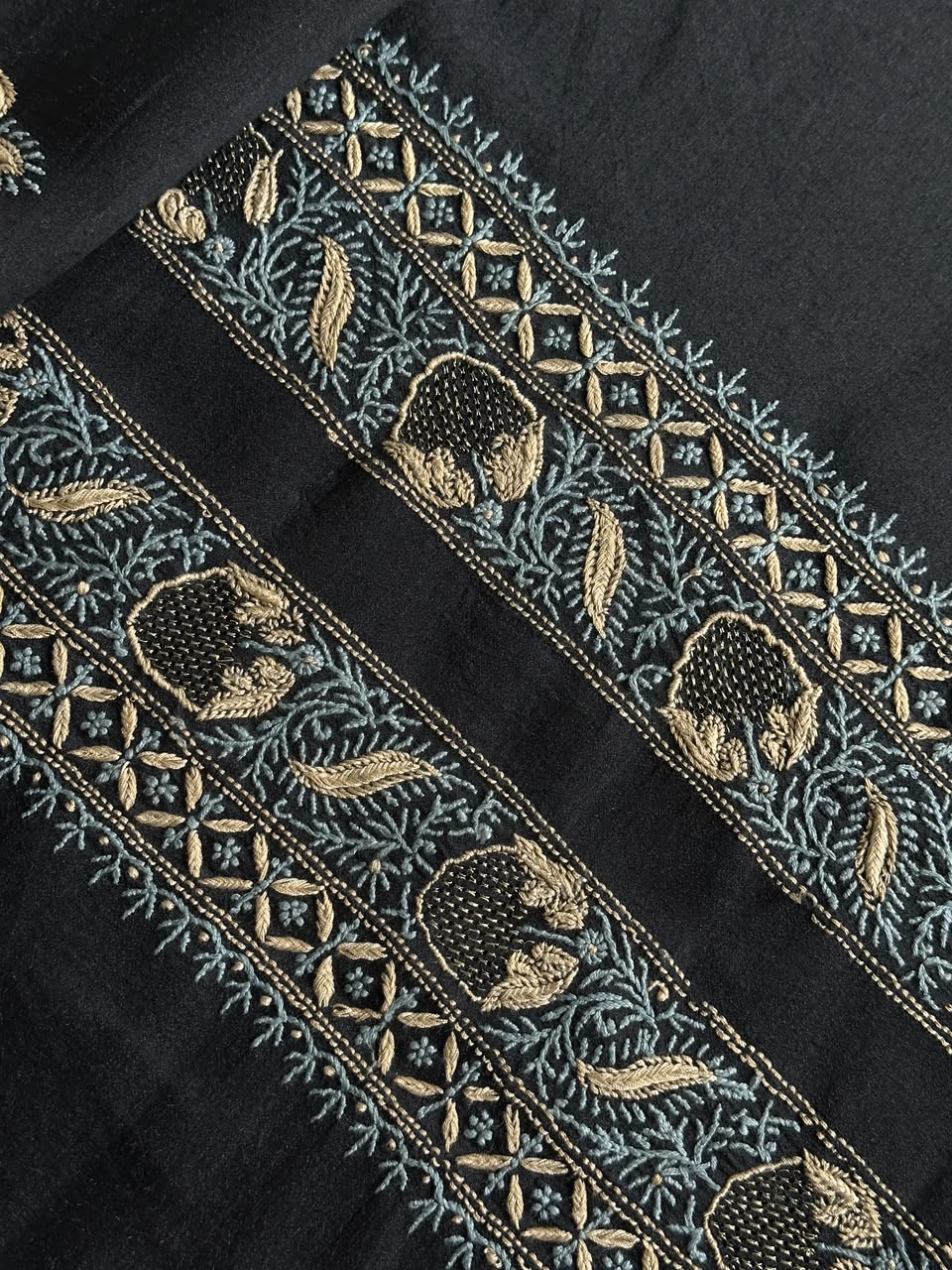 Black Shade Moonga Silk Chikankari Men’s Kurta Fabric