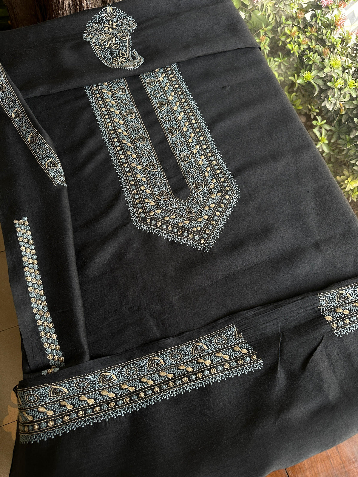 Black Shade Moonga Silk Chikankari Men’s Kurta Fabric