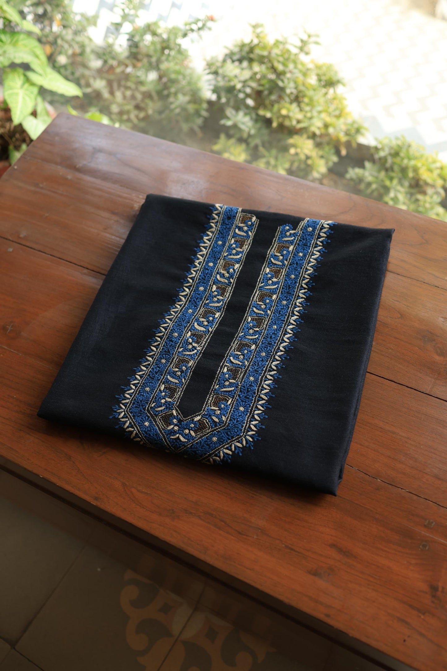 Black Shade Moonga Silk Chikankari Men’s Kurta Fabric