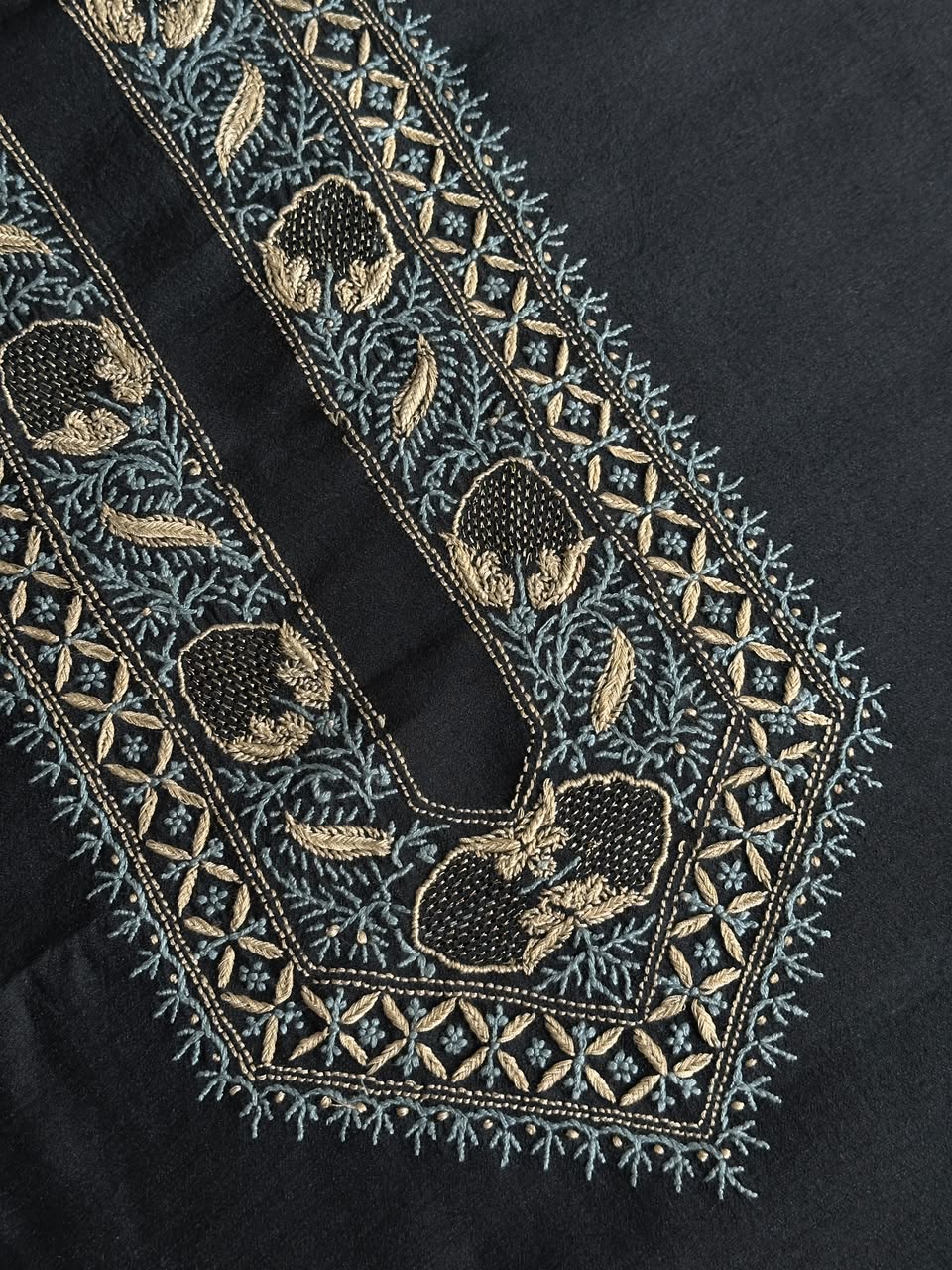 Black Shade Moonga Silk Chikankari Men’s Kurta Fabric