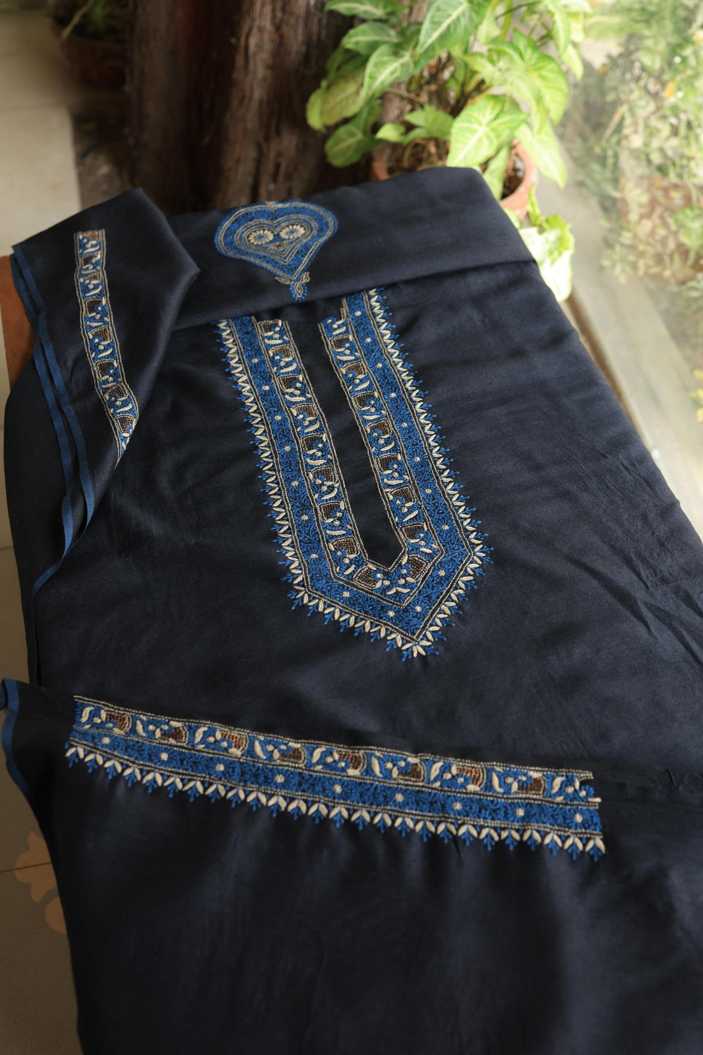 Black Shade Moonga Silk Chikankari Men’s Kurta Fabric