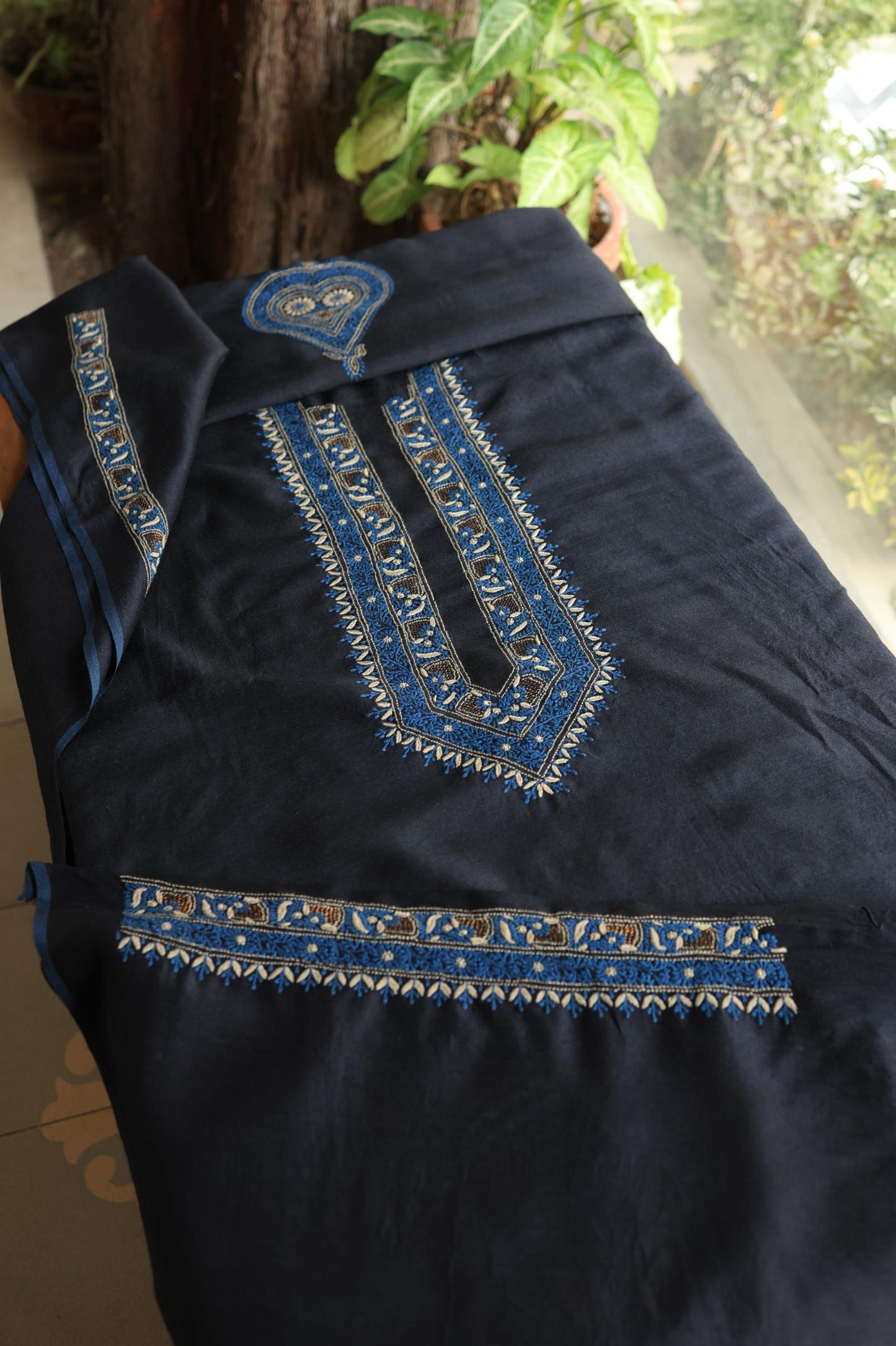 Black Shade Moonga Silk Chikankari Men’s Kurta Fabric