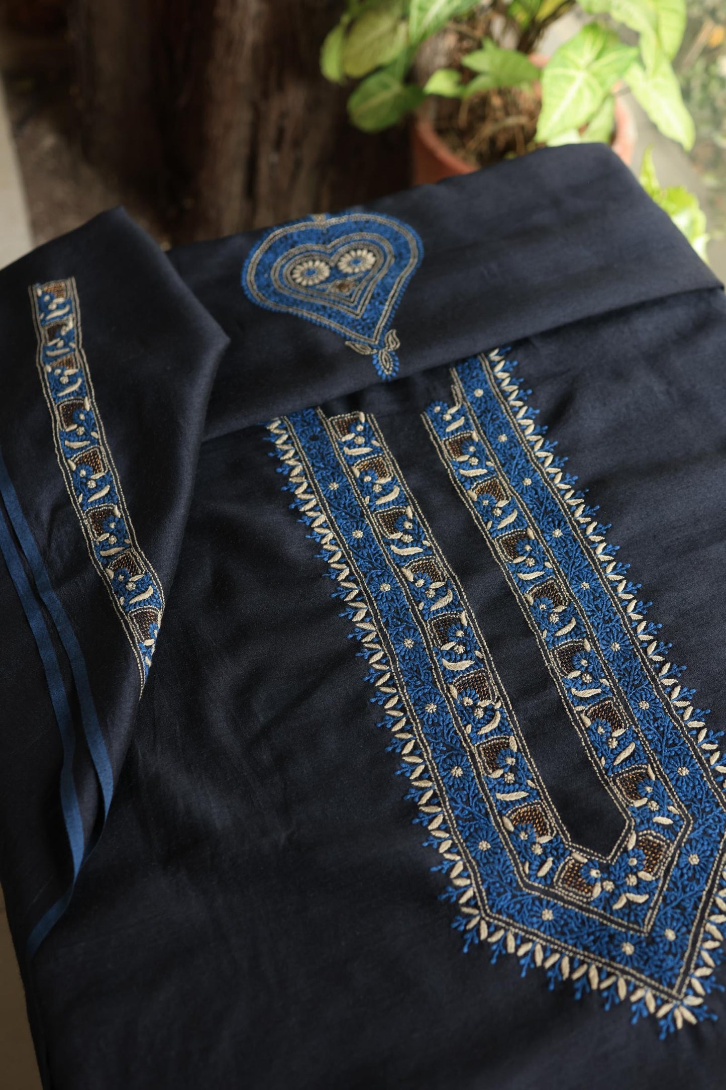 Black Shade Moonga Silk Chikankari Men’s Kurta Fabric