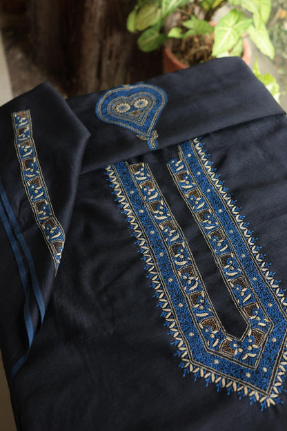 Black Shade Moonga Silk Chikankari Men’s Kurta Fabric