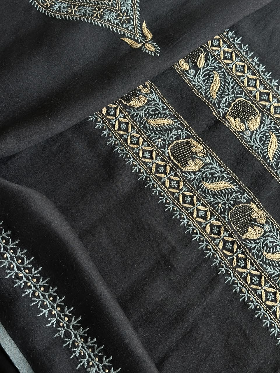 Black Shade Moonga Silk Chikankari Men’s Kurta Fabric