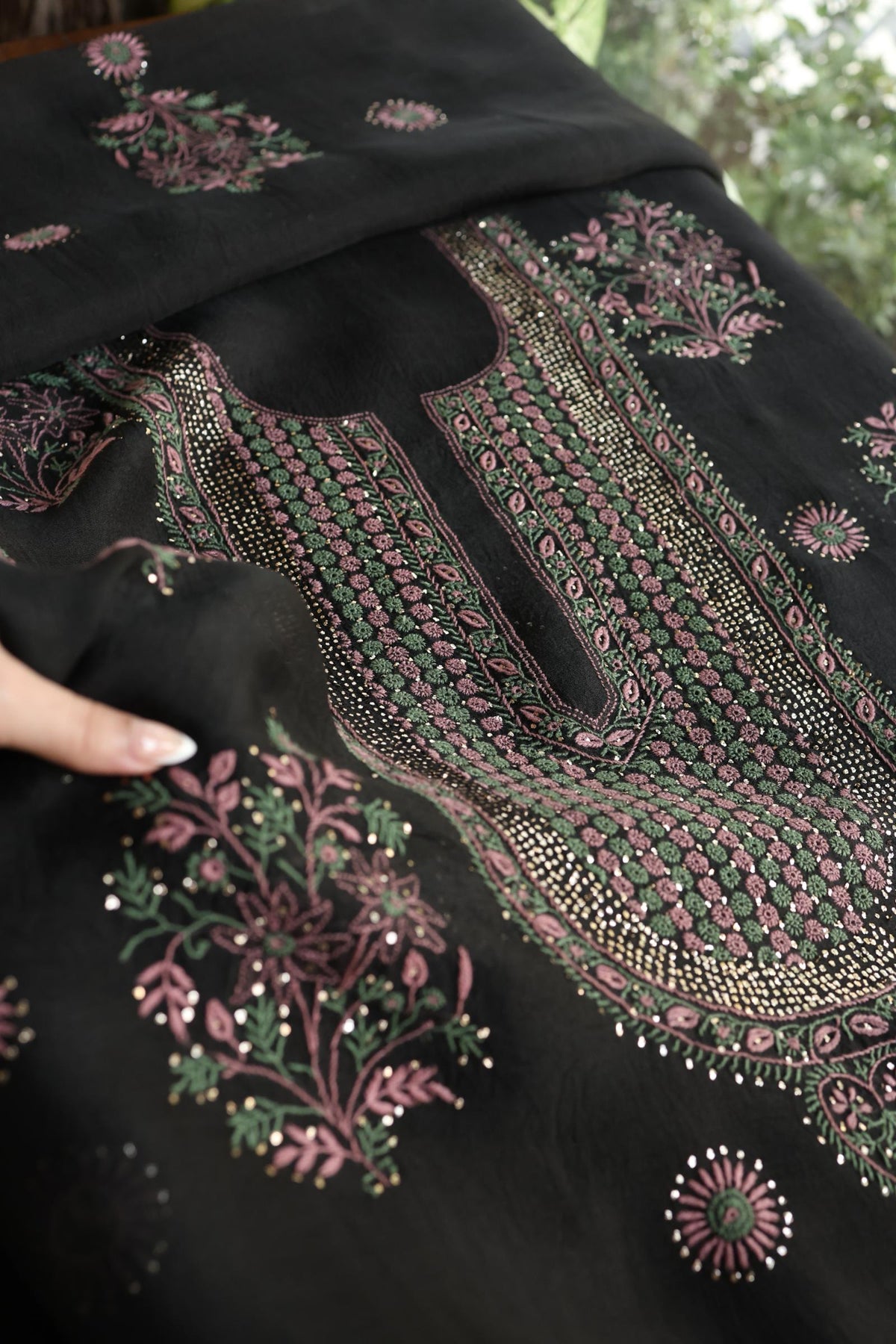 Black Shade Noor Organza Silk Chikankari With Kamdani Fabric