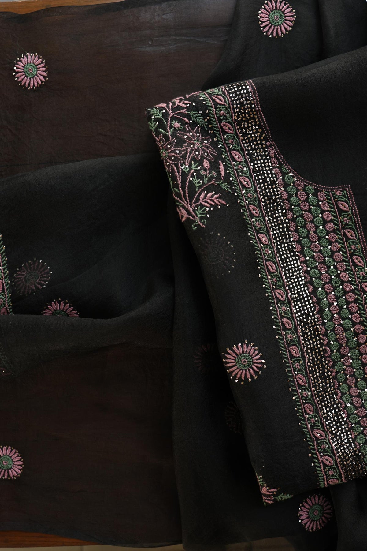 Black Shade Noor Organza Silk Chikankari With Kamdani Fabric