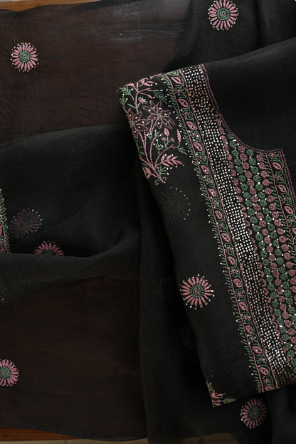 Black Shade Noor Organza Silk Chikankari With Kamdani Fabric