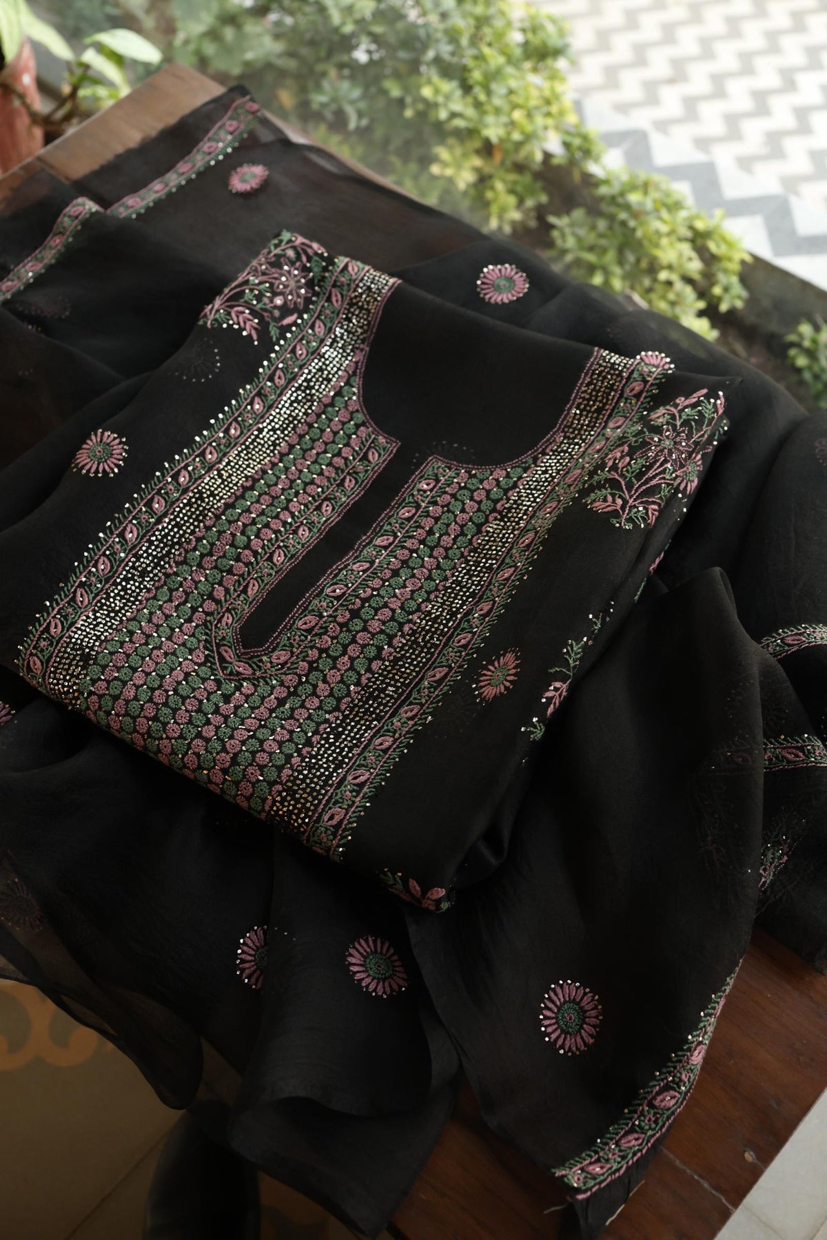 Black Shade Noor Organza Silk Chikankari With Kamdani Fabric