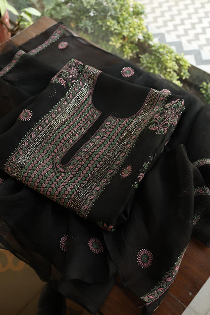 Black Shade Noor Organza Silk Chikankari With Kamdani Fabric