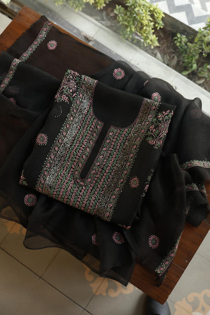 Black Shade Noor Organza Silk Chikankari With Kamdani Fabric