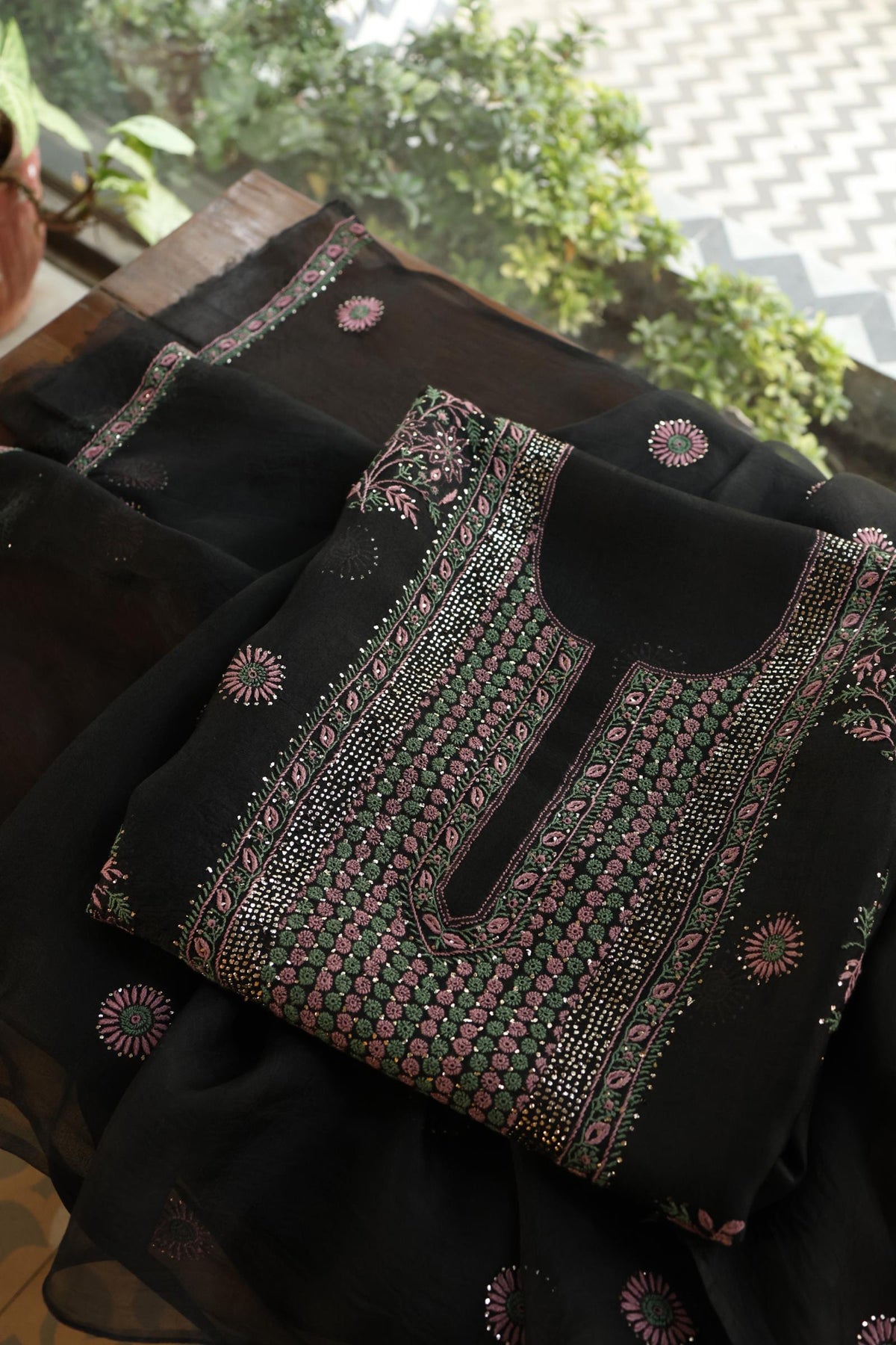 Black Shade Noor Organza Silk Chikankari With Kamdani Fabric