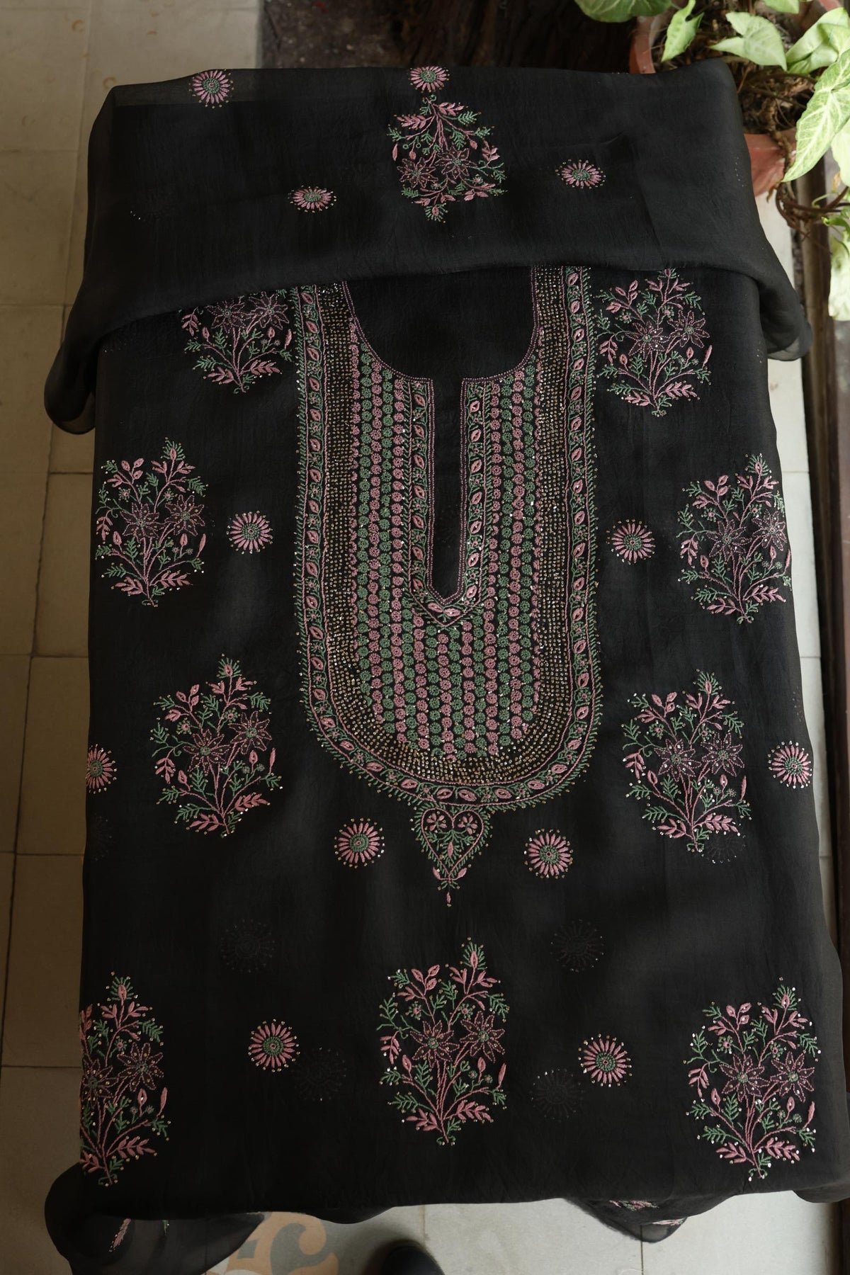 Black Shade Noor Organza Silk Chikankari With Kamdani Fabric