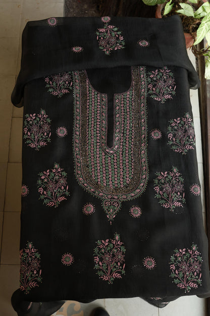 Black Shade Noor Organza Silk Chikankari With Kamdani Fabric