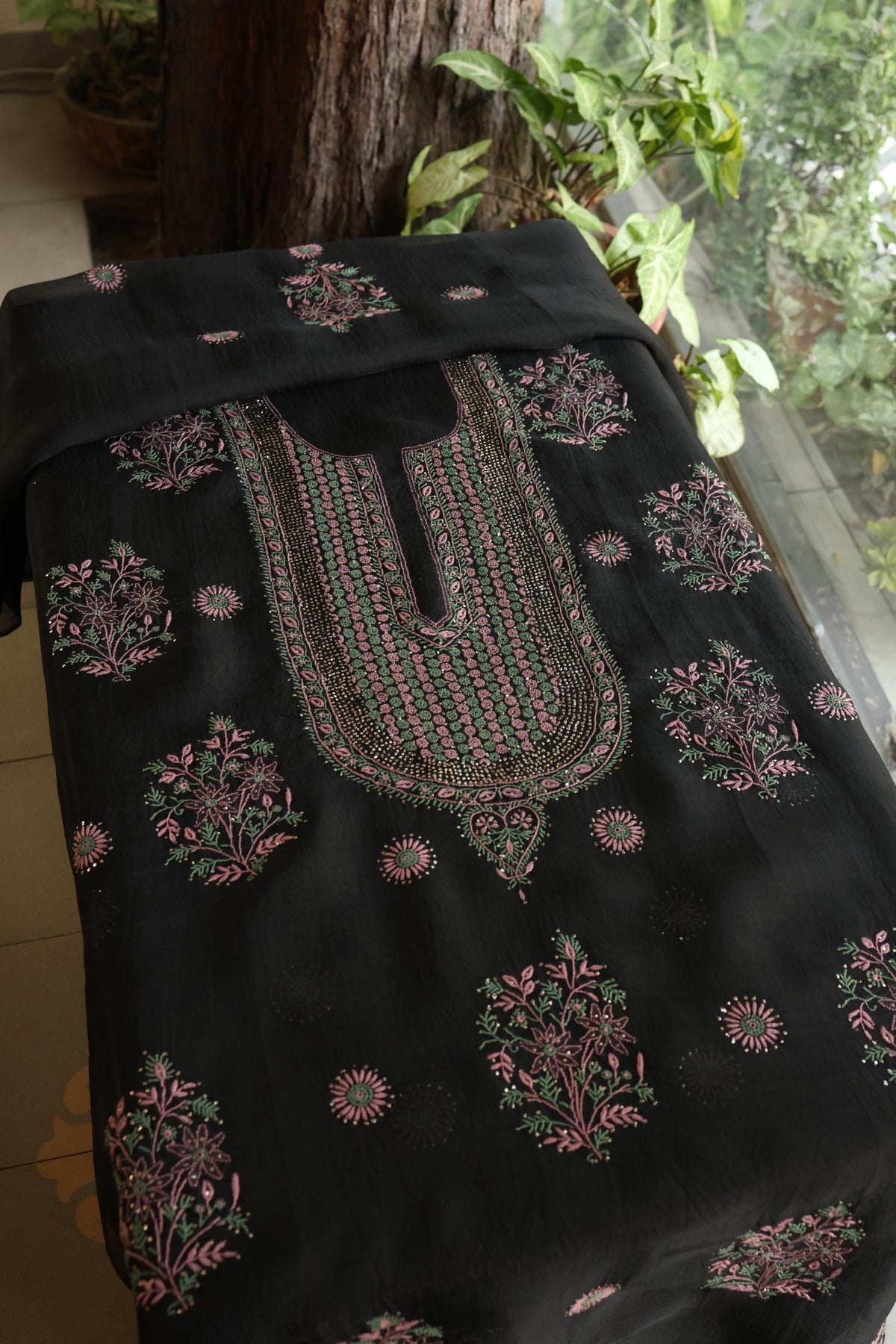Black Shade Noor Organza Silk Chikankari With Kamdani Fabric