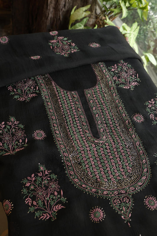 Black Shade Noor Organza Silk Chikankari With Kamdani Fabric