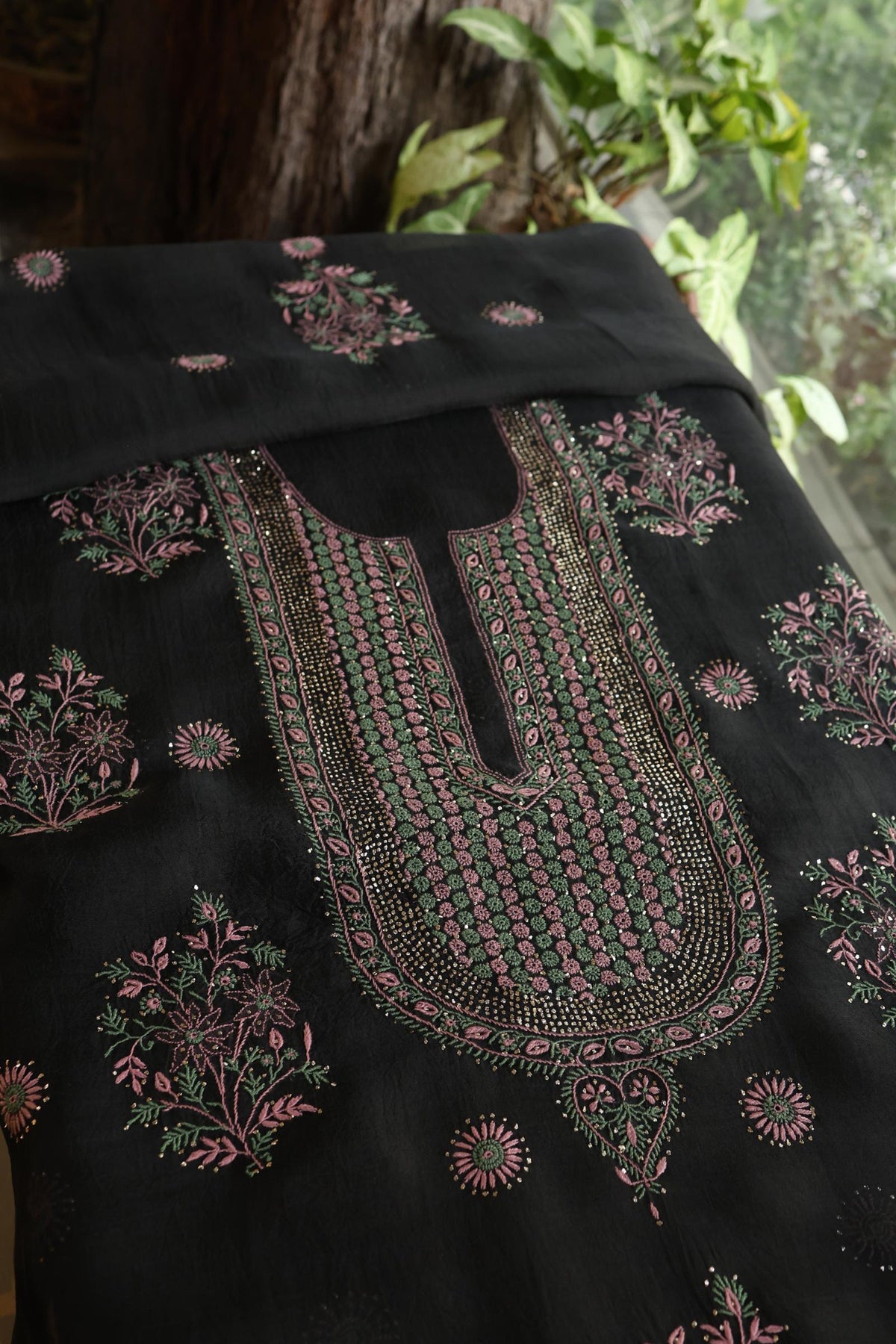 Black Shade Noor Organza Silk Chikankari With Kamdani Fabric