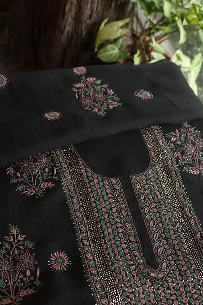 Black Shade Noor Organza Silk Chikankari With Kamdani Fabric