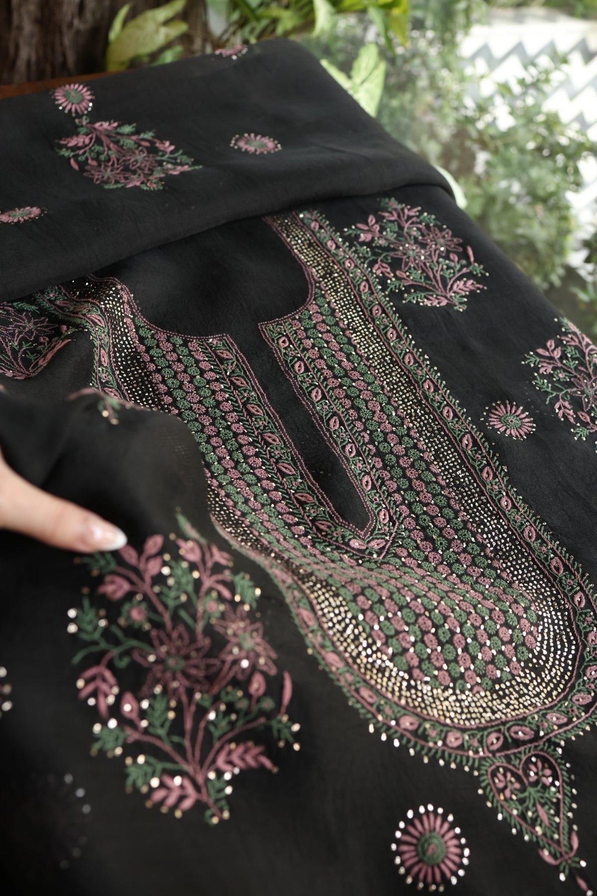 Black Shade Noor Organza Silk Chikankari With Kamdani Fabric