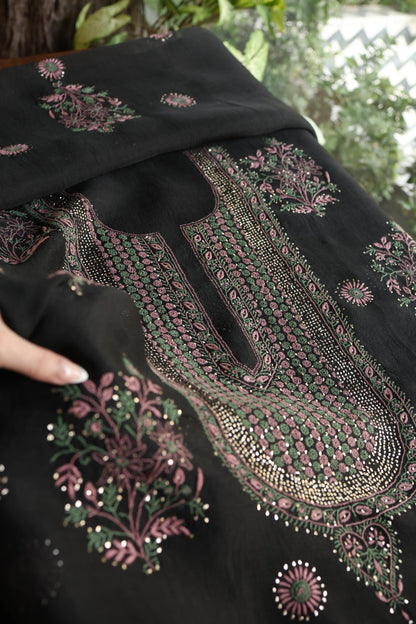 Black Shade Noor Organza Silk Chikankari With Kamdani Fabric