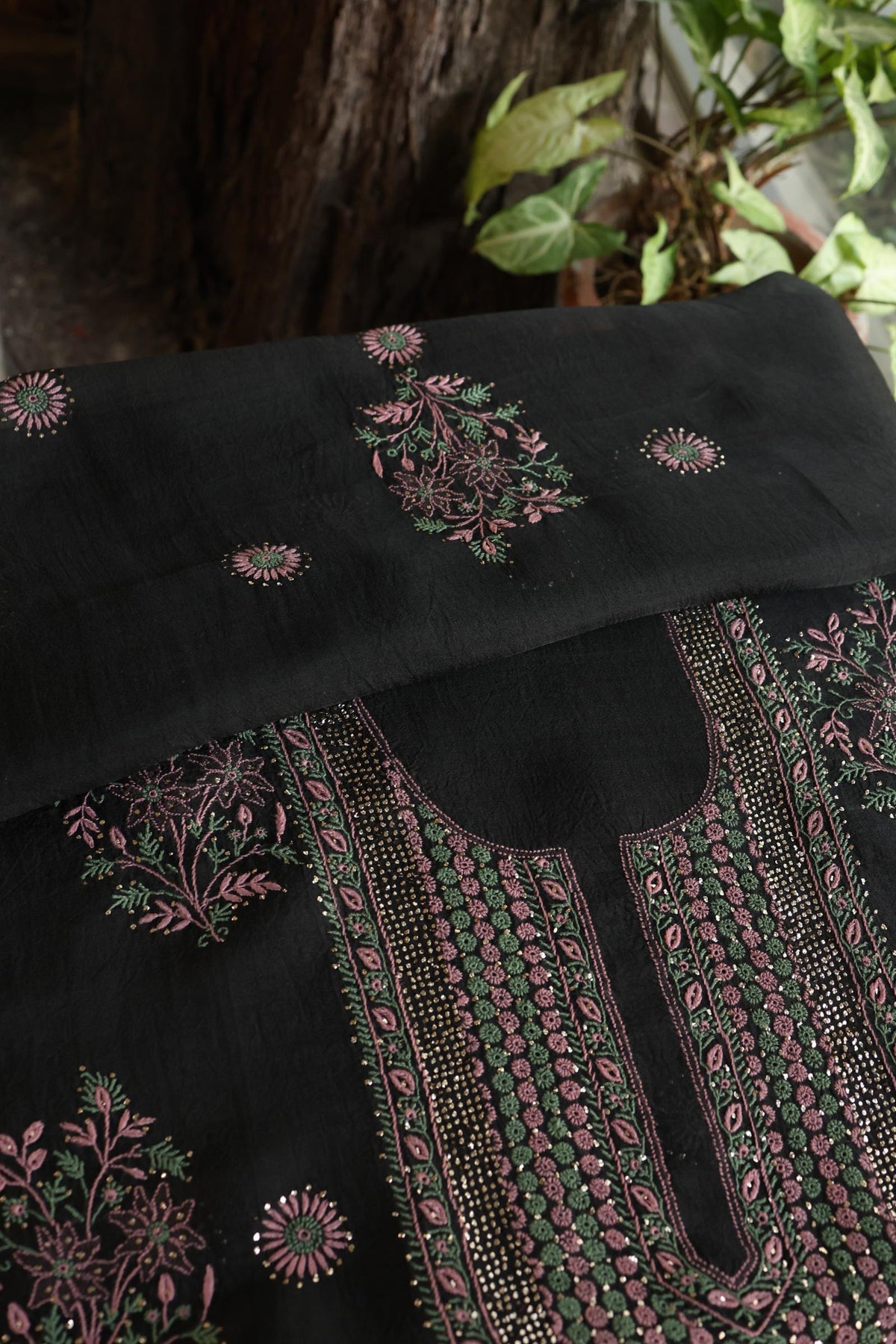 Black Shade Noor Organza Silk Chikankari With Kamdani Fabric
