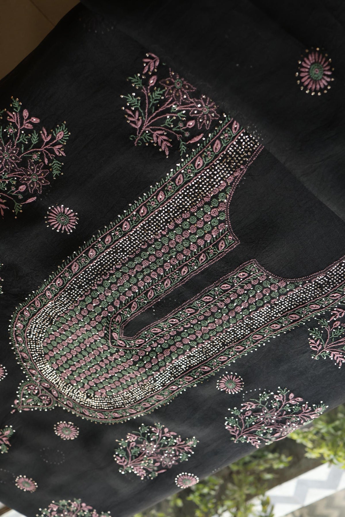 Black Shade Noor Organza Silk Chikankari With Kamdani Fabric